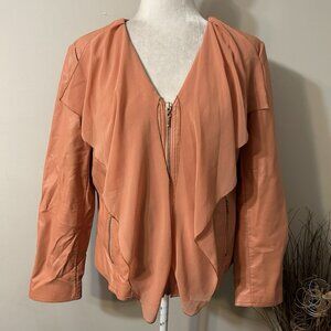 Chico’s Faux Leather Chiffon Shawl Collar Moto Jacket Full Zip Coral 2 / L Flawa